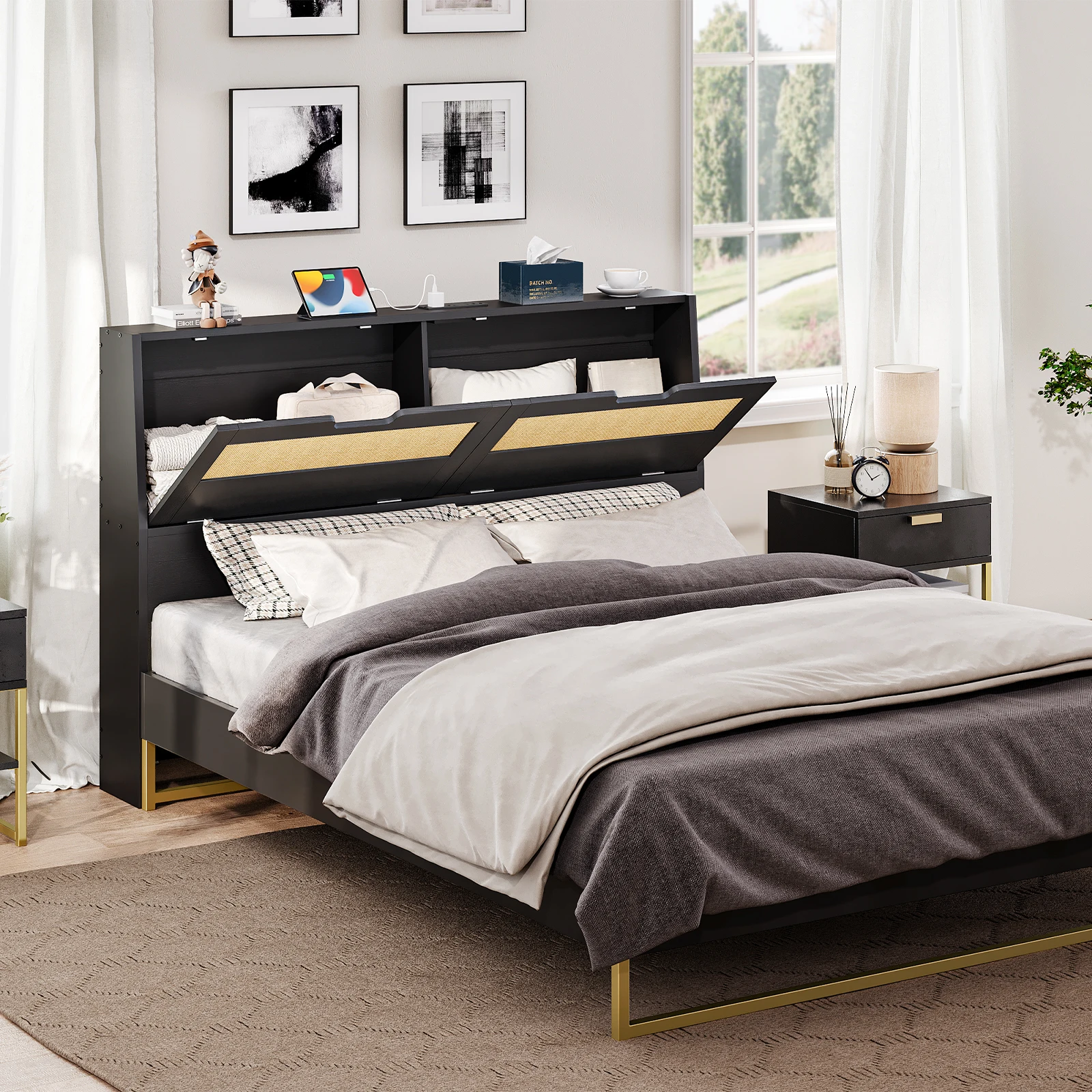 Wholesale Rattan Headboards, HOOBRO Brand Rattan Style King/Queen/Full/Doulbe/Twin/Single Size Bed Headboard for Bed Frame