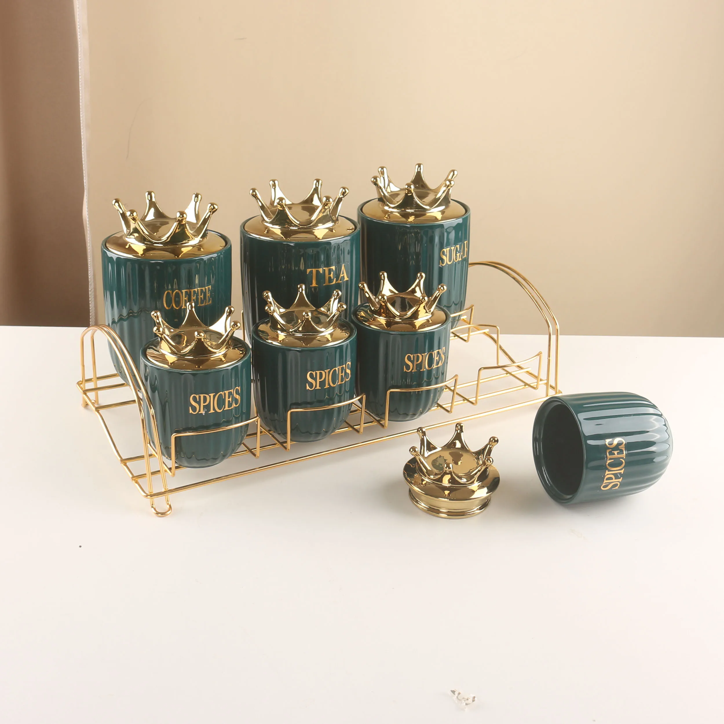 Set of 7 Color Glazed  Ceramic Kitchen Canister Sets Tea Coffee Sugar Canisters Set With Stainless Steel Rack