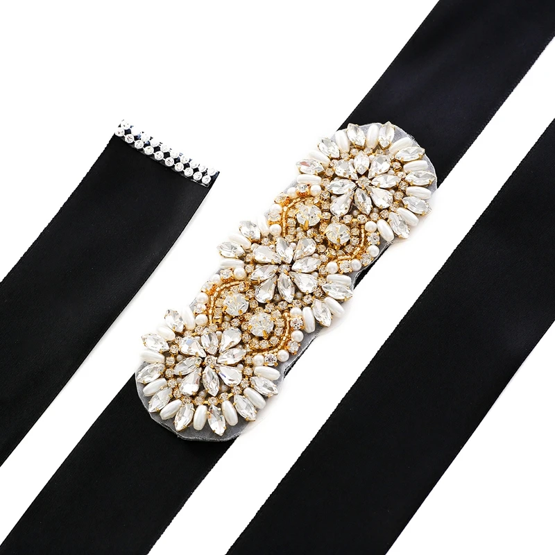 Vintage Gold Crystal Beaded Applique Bridal Sash Handmade Rhinestone Wedding Belts for  Prom Evening dress
