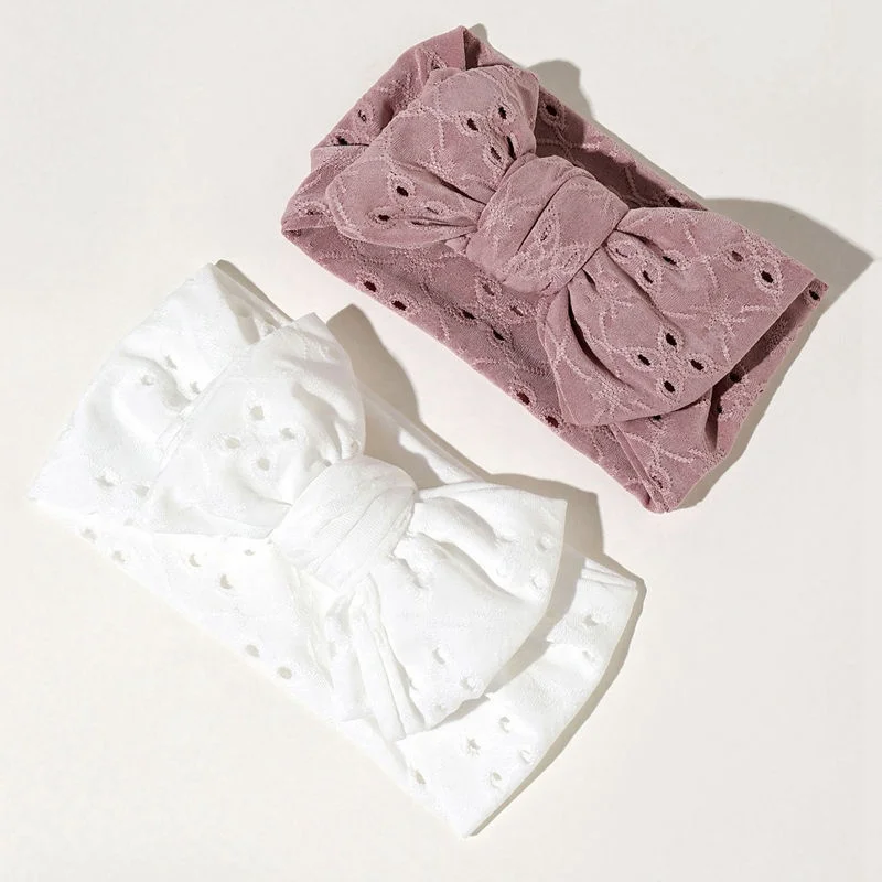 Ins Hot Sale  European And American Bambi Eyelet Oversized Topnot Baby Double Bow Embroidery Lace Headband