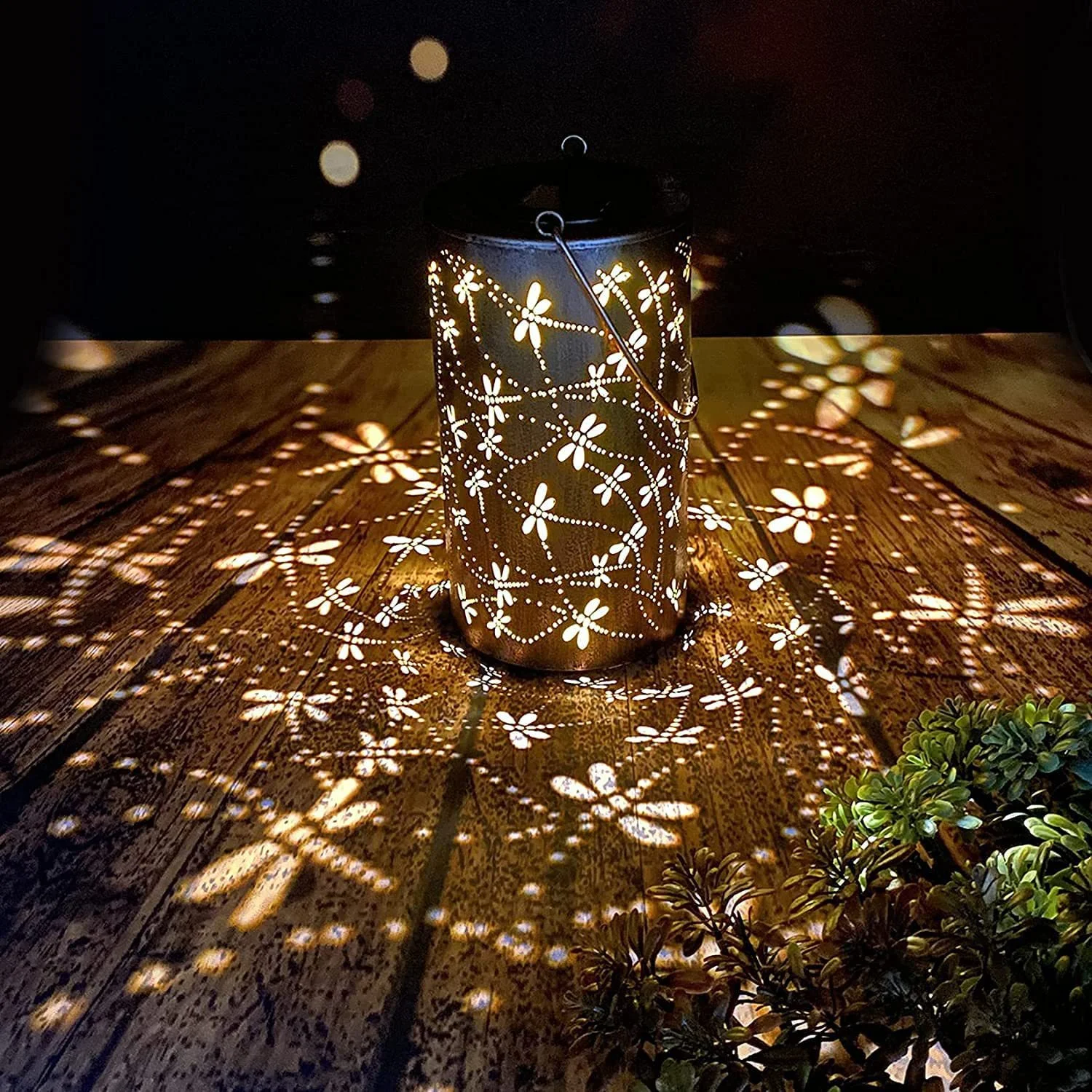 Outdoor Waterproof Garden Hanging Projection Decorative Lights Solar Iron Hollow Dynamic Wheat Ears Shadow Lantern