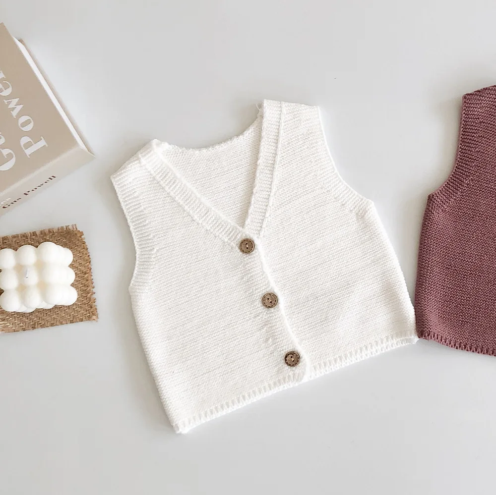 
2021 Infant Knit Vest For Baby Boys Girls V-Neck Button Front Sweater Vest Outer Wear 