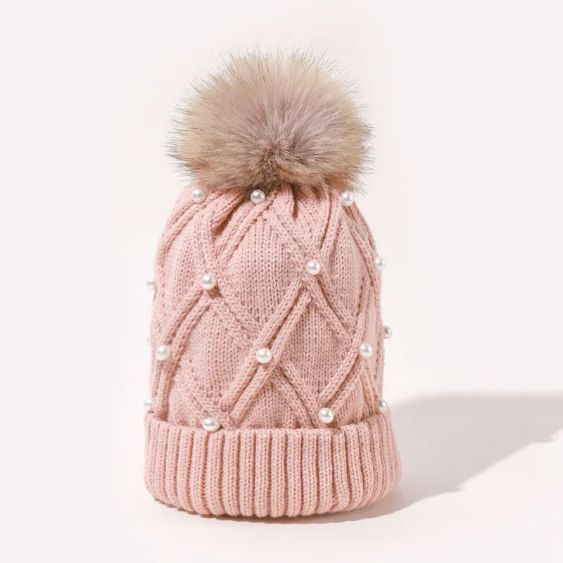 HZM-22247 Winter women ladies fur pom pom beads pearl knitted beanie hat