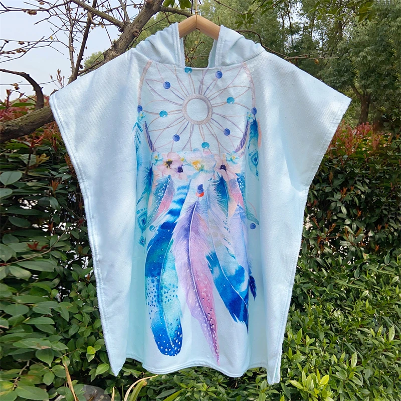Hot selling  High Quality   Custom    Kids cartoon mermaid and dream catcher Hooded Towel  Bath Robe Children Beach Surf  Poncho