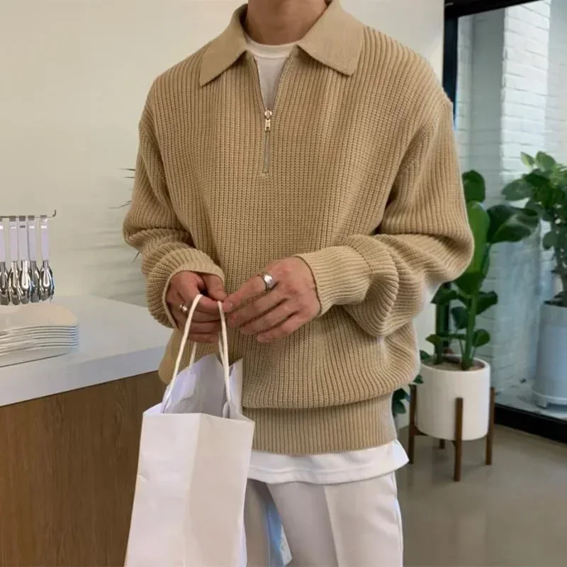 2024 ODM&OEM New Vintage Sweater Men Fashion Custom Versatile Casual Knitwear Half Zip Long Sleeves Loose Fitting Knit Sweater