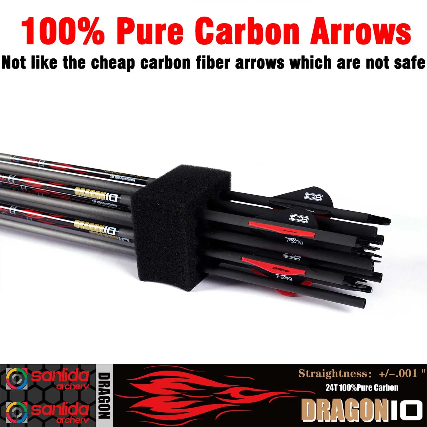 Sanlida Dragon 10 Carbon Arrows For Compound Bow Hunting Straightness 0.001 Multiple Spine Options 12pcs Pack