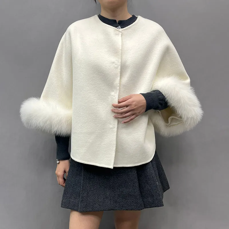 2024 Wholesale Lady Winter Luxury Poncho Cropped Bat Sleeve Real Fox Fur Cuff Short Woolen Overcoat Women Cashmere Wool Coat