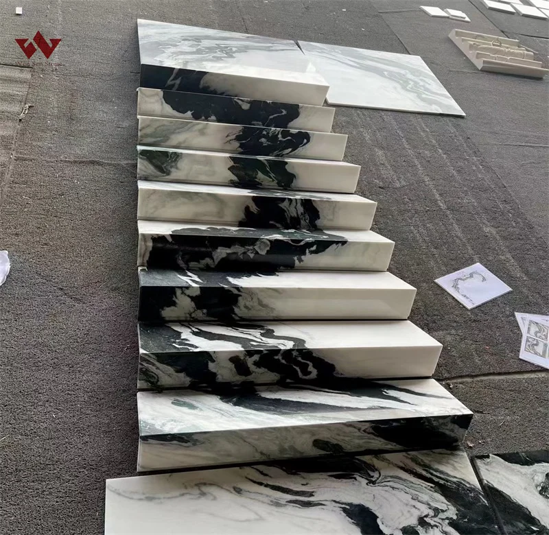panda white marble stairs price stone in white color with black veins cutting
