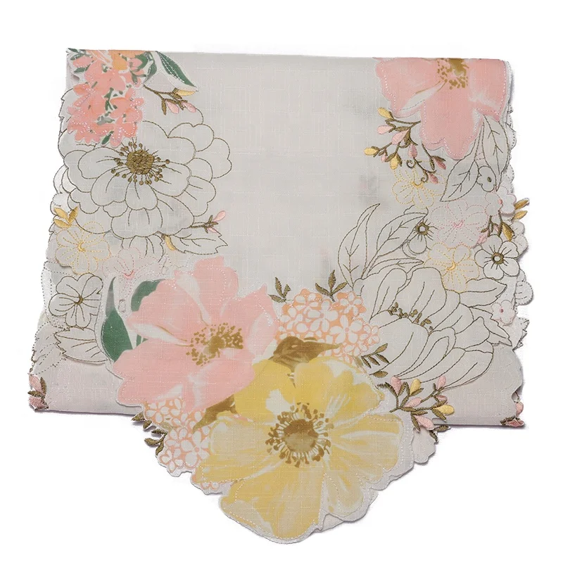 Custom 100% Polyester Fabric Printed And Embroidered Watercolor Flower Table Runner
