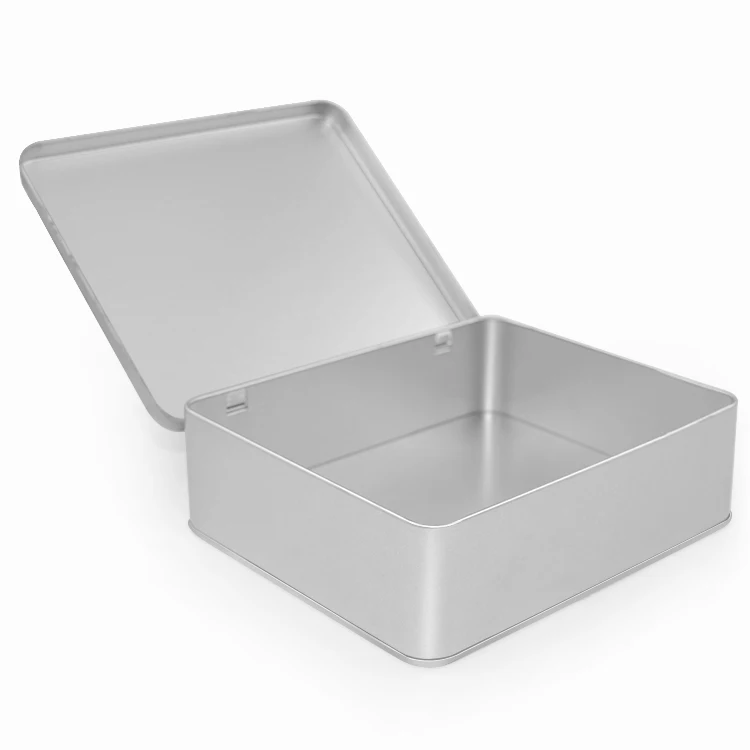 Wholesale Custom Silver Tin Can Empty Metal Cosmetic Hinged Tin Containers Rectangular Plain Metal Tin Packaging Box