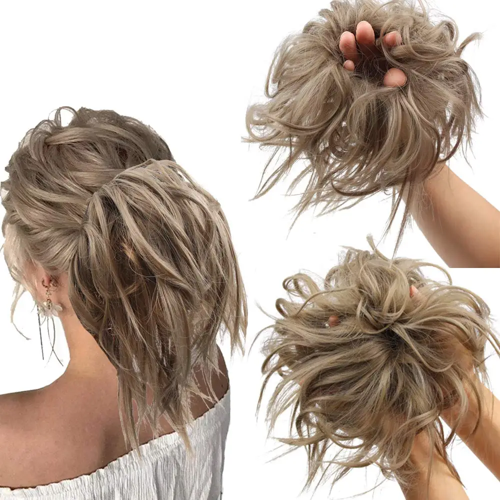 Chignon Tousled Updo Messy Bun Hair Piece Scrunchies Synthetic Wavy Extension Ponytail with Elastic Rubber Band Hairpiece