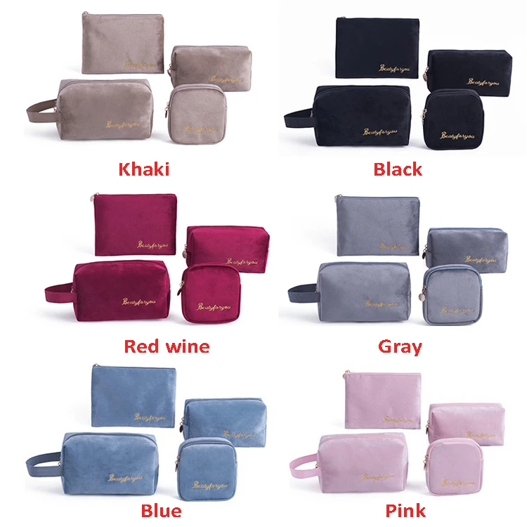 Wholesale Custom Makeup Bag & Cases Private Label Travel 4 piece Set Makeup Organizer Portable Embroidery Velvet Cosmetic Bag