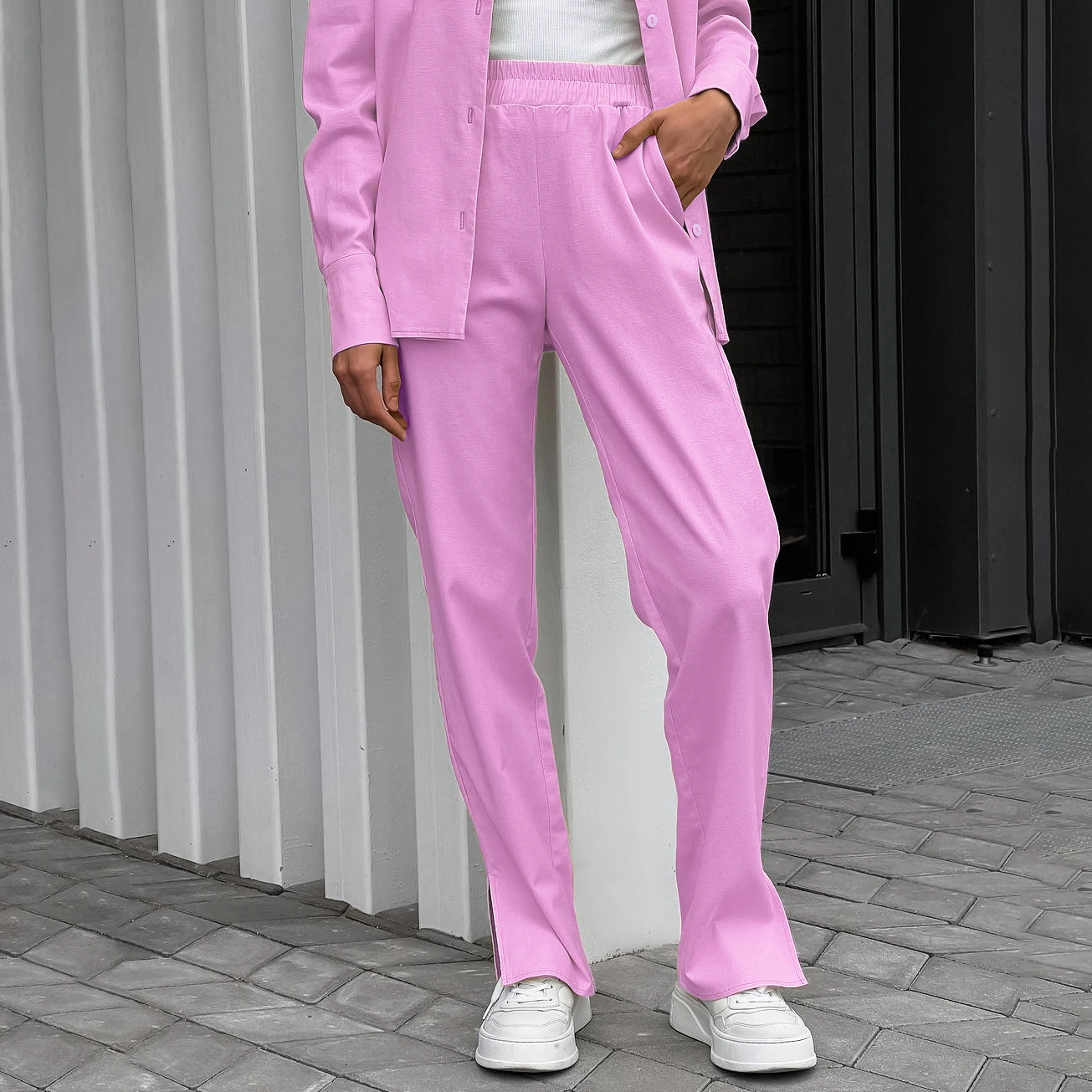 OOTN Ladies Pink Casual Set Lapel Long Sleeve Top and Loose Trousers Two Piece Office Women Elegant Commuter Two Piece Set