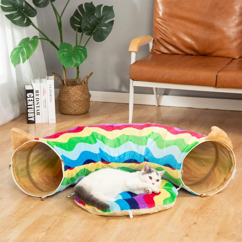 New fashion designed good quality Rainbow colors breathable durable donut cat tunnel bed