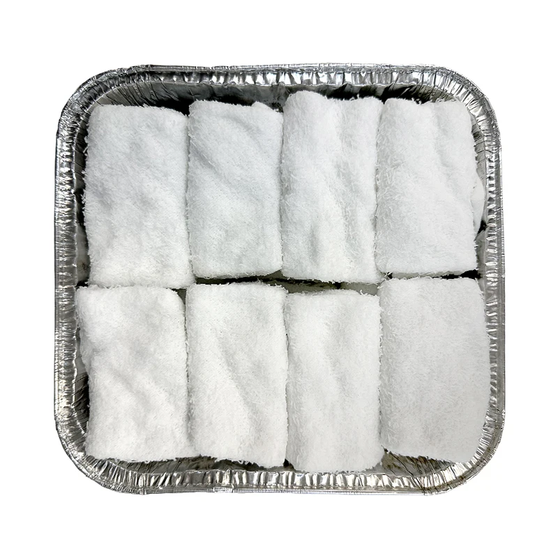 OEM ODM Qatar Cotton Disposable Airlines Hot Refreshing Mini Towels Sachet Hand Wipes in Aluminium Tray Manufacturer