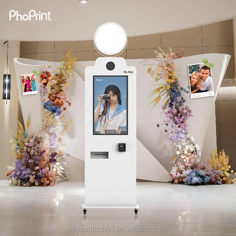 Round 45 Inches Touch Screen Payment Magic Mirror Photo Booth Kiosk With Printer And Camera
