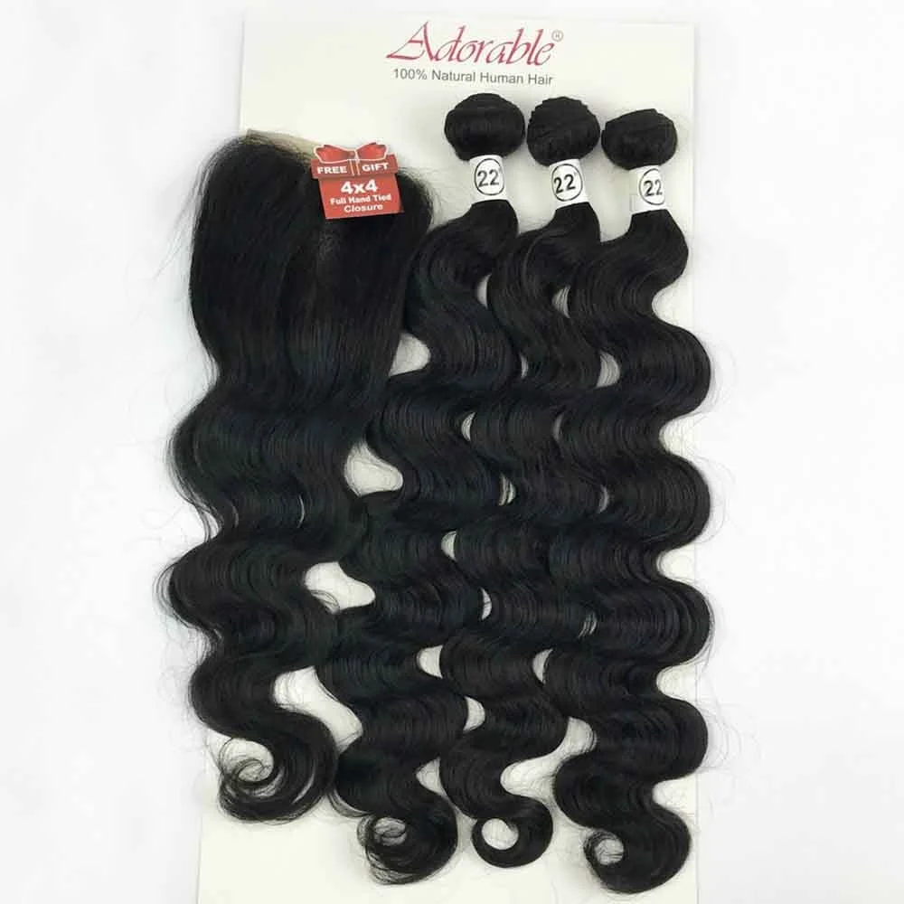 Mixed Synthetic Hair Bundles with 4*4 Lace Closure Silk Straight Packet Hair Weaves Natural Human Hair Blend 3+1