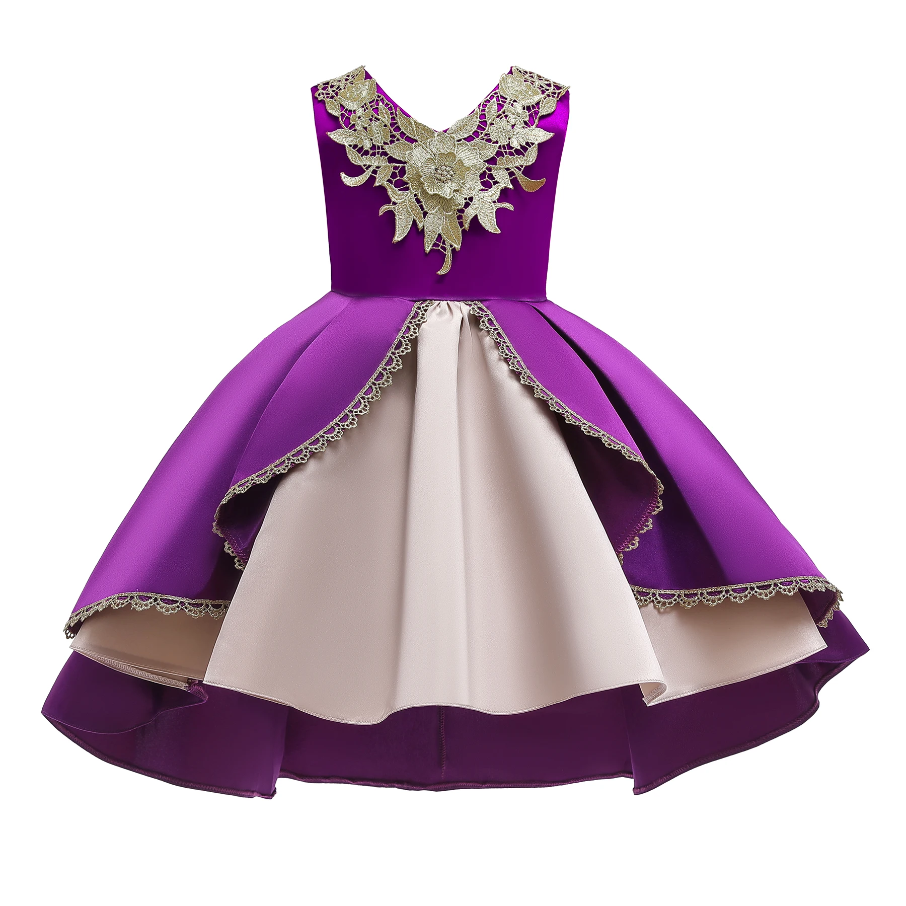 Best Seller Kids Fancy Flower Dress Children Satin Irregular Appliched Dresses For  3-10 Years Baby Party Girls Clothes 8018