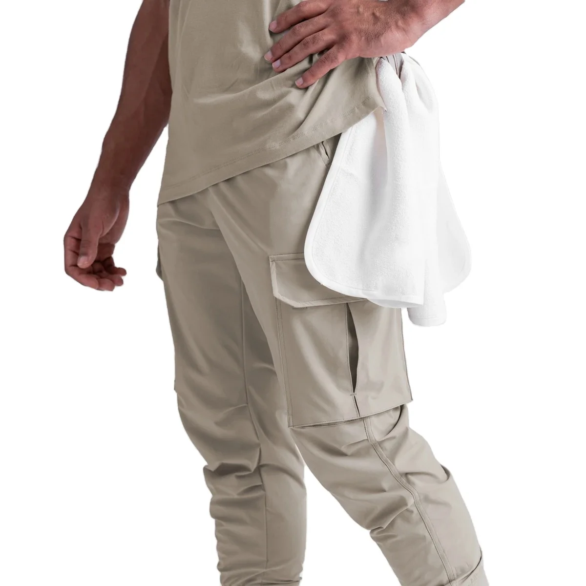 Wholesale Custom Logo zipper  pockets   joggers  Nylon Spandex Stretch Grey Cargo Running   Pants  joggers for men