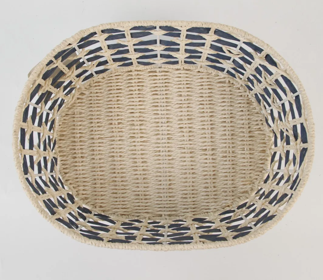 Customized Cream-colored Blue Paper Rope Iron Frame Oblong Storage Basket for Office