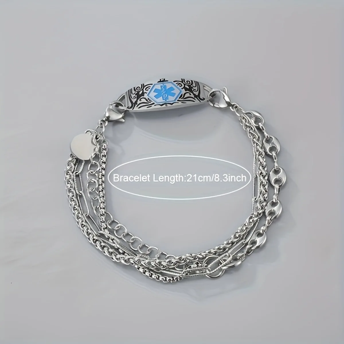 Stainless Steel Silver Engraved Charm Medical Bracelet 3 Layered Chain Combined Double Clasp Detachable ID Bracelet For Man