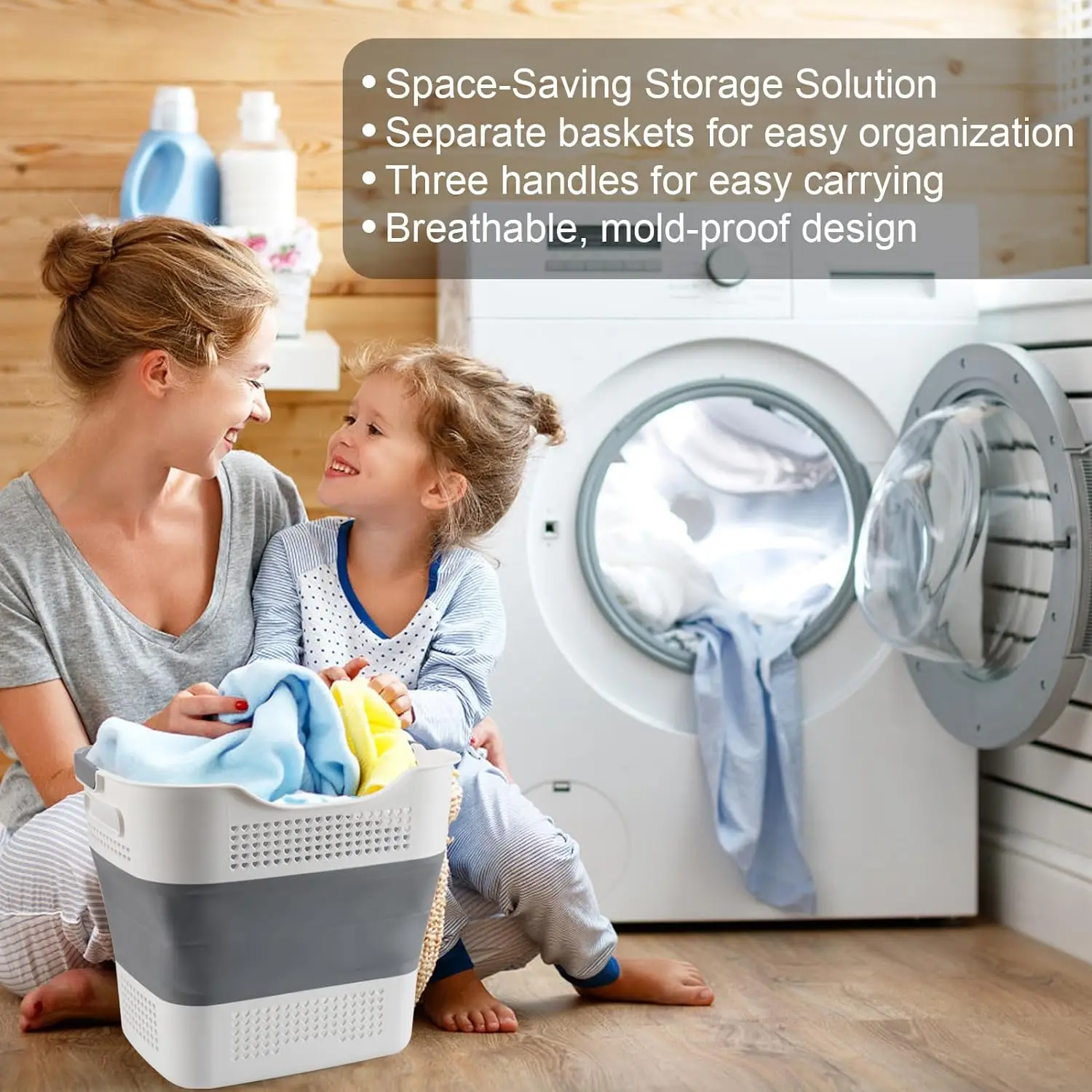 Foldable Laundry Basket with Handles Plastic Laundry Hamper with Small Storage Basket Brown