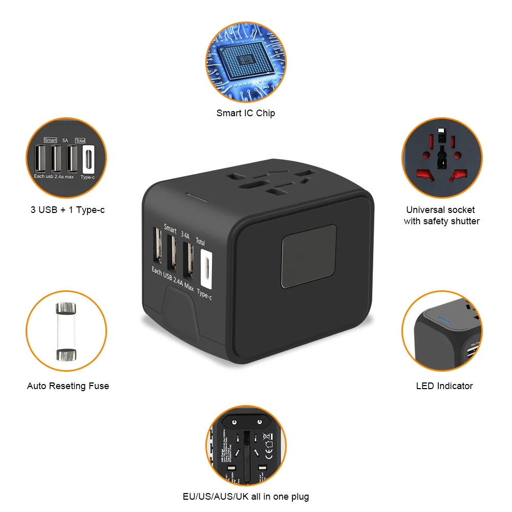 Business travelling world C type USB travel adaptors with case UK,USA,EU,AUS type c travel adapters