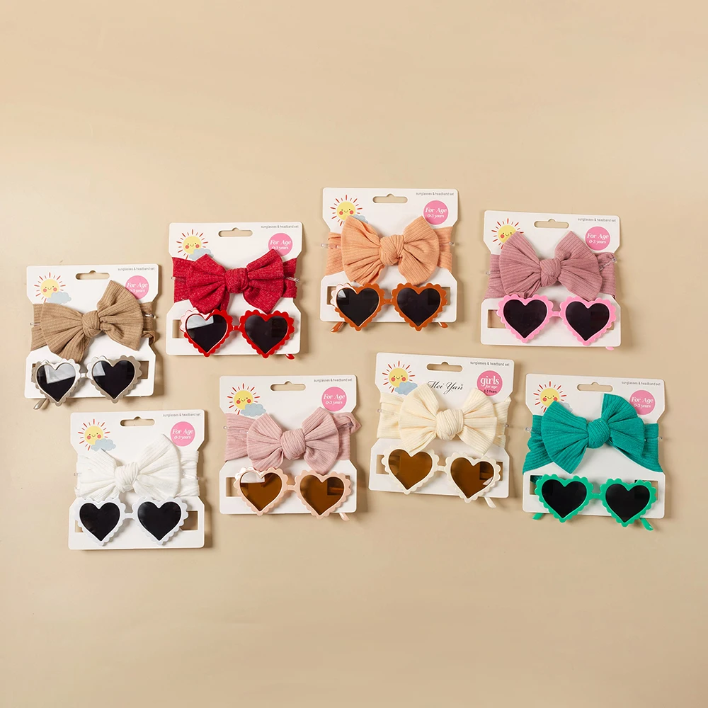 2Pcs/set Baby Bows Headband love heart Sunglasses Girls Beach Photography Props Toddler Headwear Kids Hair Accessories
