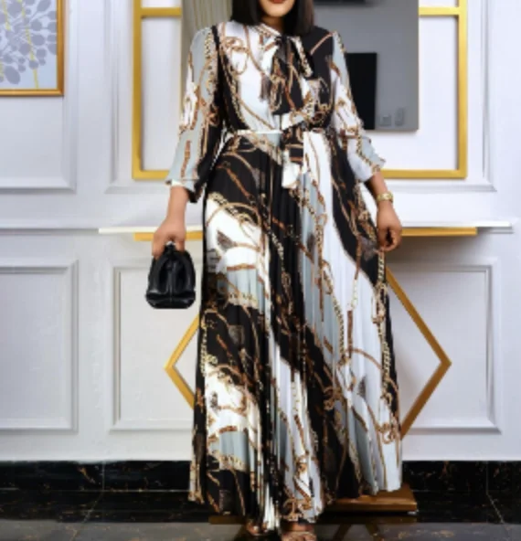 2022 Autumn Floral Chic Plus Size Tight Waist Crew Neck Long Sleeve Pleated Casual Dress Ethnic Clothing Loose Lady Muslim Dress