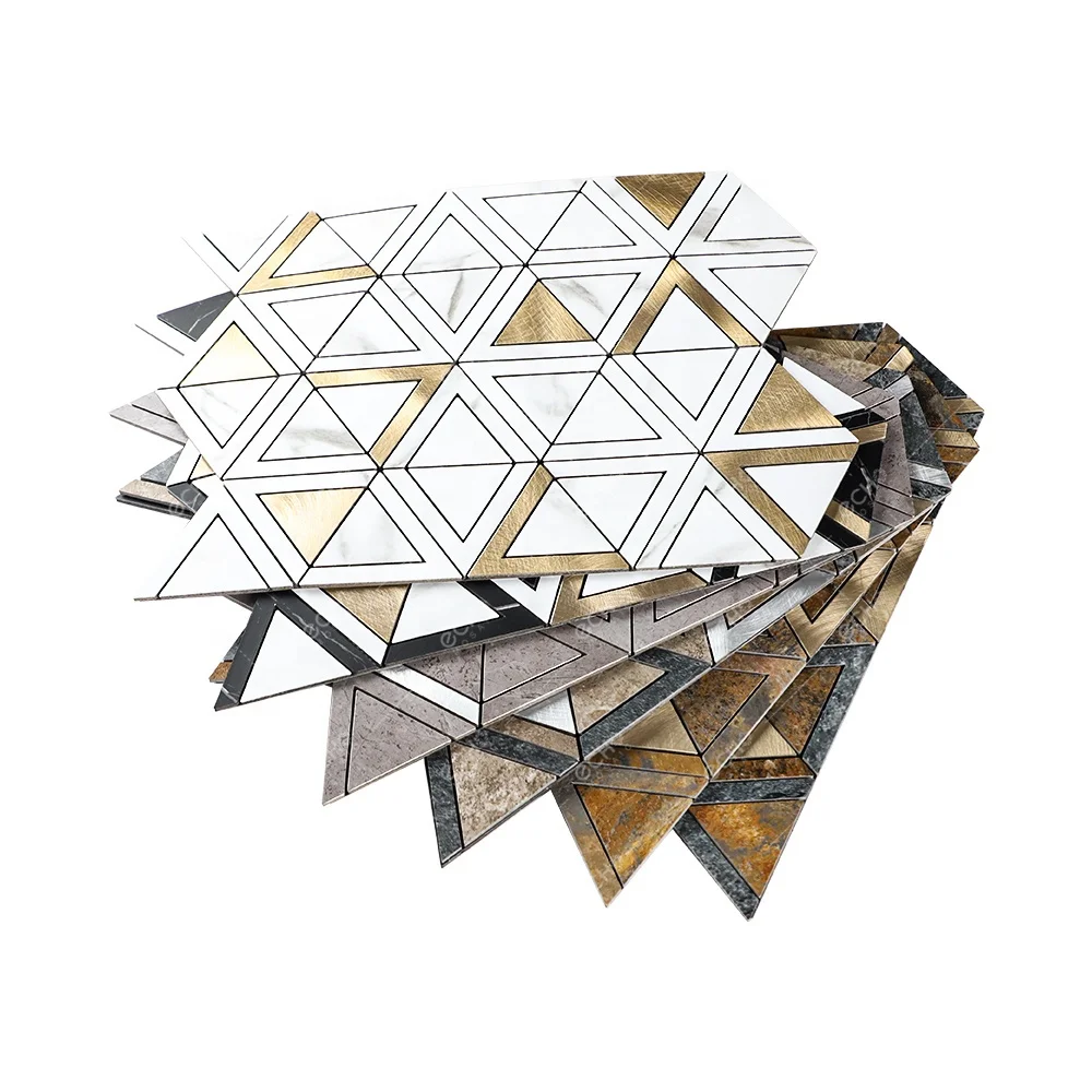 Waterjet Triangle Nero Marquina Black Marble Mixed Gold Aluminum Self Adhesive Mosaic Kitchen Backsplash Wall Tile