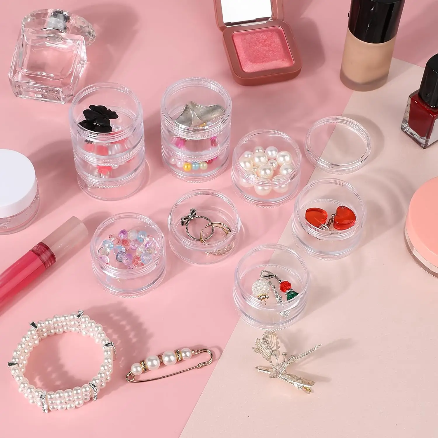 21833 5pcs Modern Diameter 50mm Small round Clear Plastic Bead Storage Box stackable jars Bead organizer for Nail and Jewelry