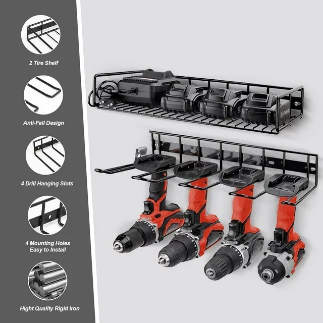 Power Tool Organizer Drill Holder Wall Mount Garage Tool Storage Rack for Heavy Duty Tool Shelf Black