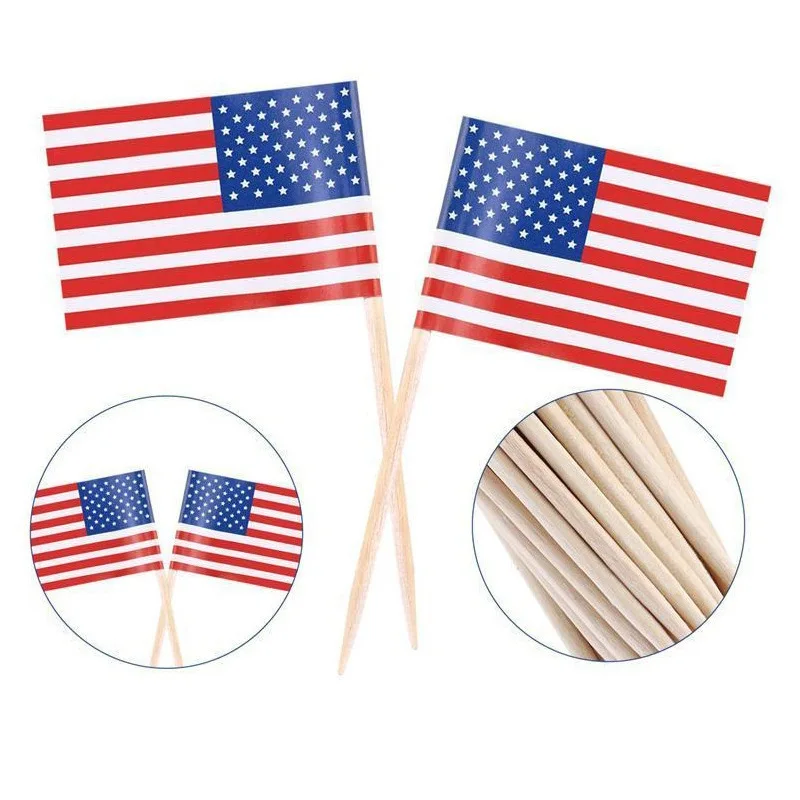 Environmentally Party Supplies Disposable Wood Toothpick Flags Paper National Flag Food Picks Sticks