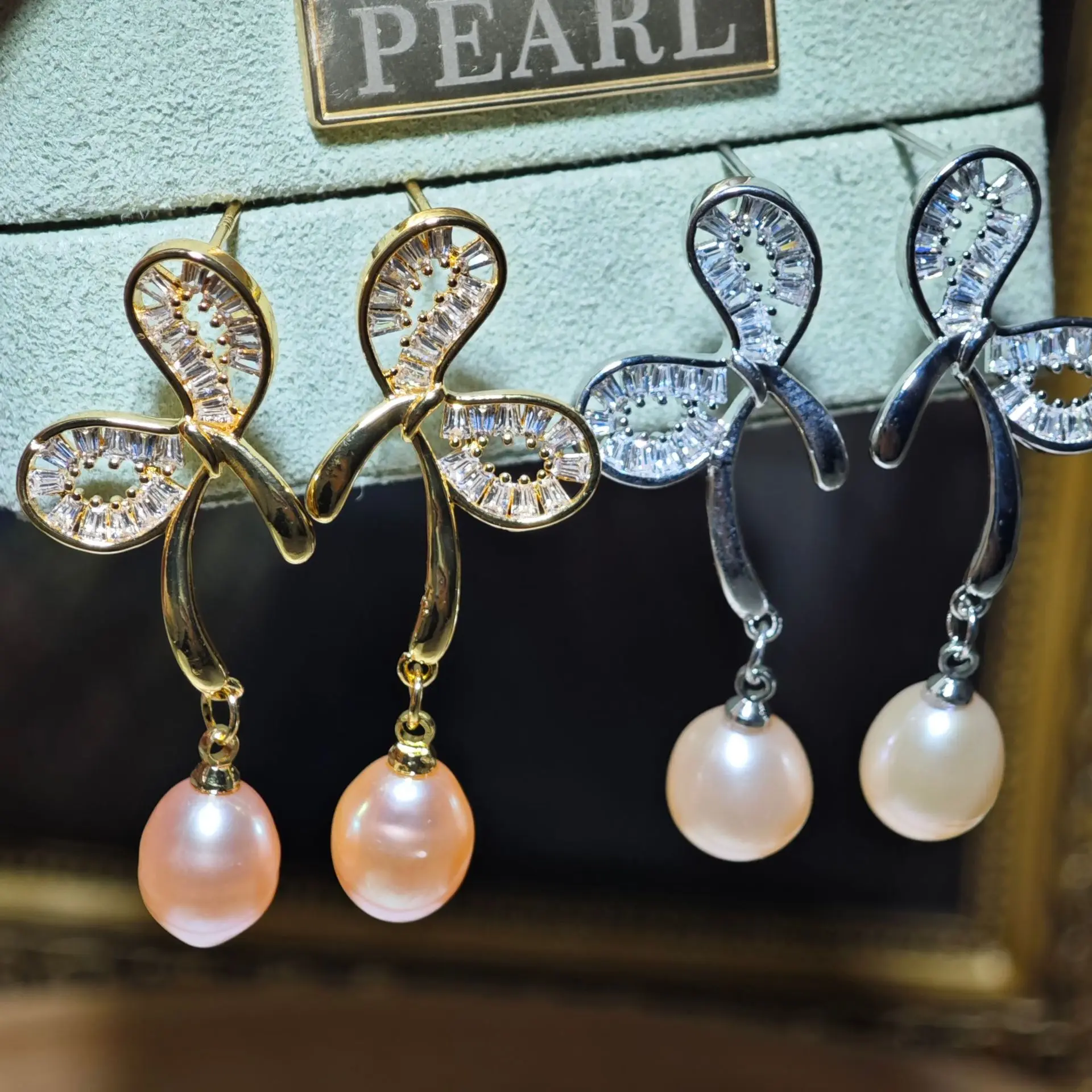 18k Real Gold Plated White Zircon Vintage Natural Freshwater Pearl Drop Earrings For Women