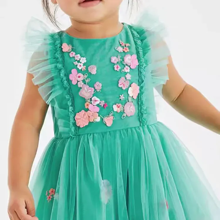 Wholesale Girls Party Wear Lilac emerald green Floral Appliqued Tulle Flower Girls Party Dress
