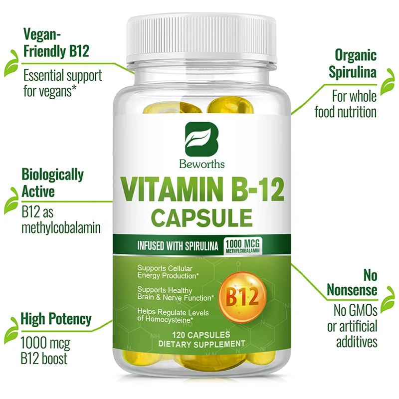 60pcs Vitamin B12 Softgel Capsules Nerve Brain Health Supplements Infused with Organic Spirulina