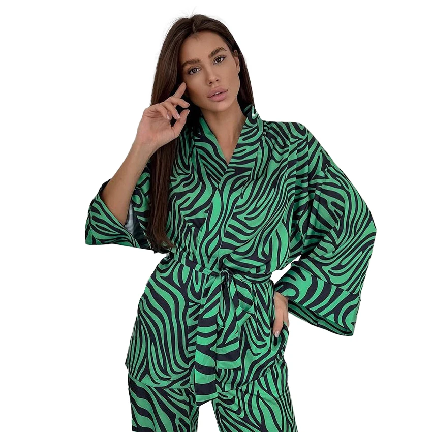 Ice Silk Thin Section Fashion Printing Pajamas Suit Green Casual Loose Comfortable Outer Wear Home Clothes Women Pajama Set