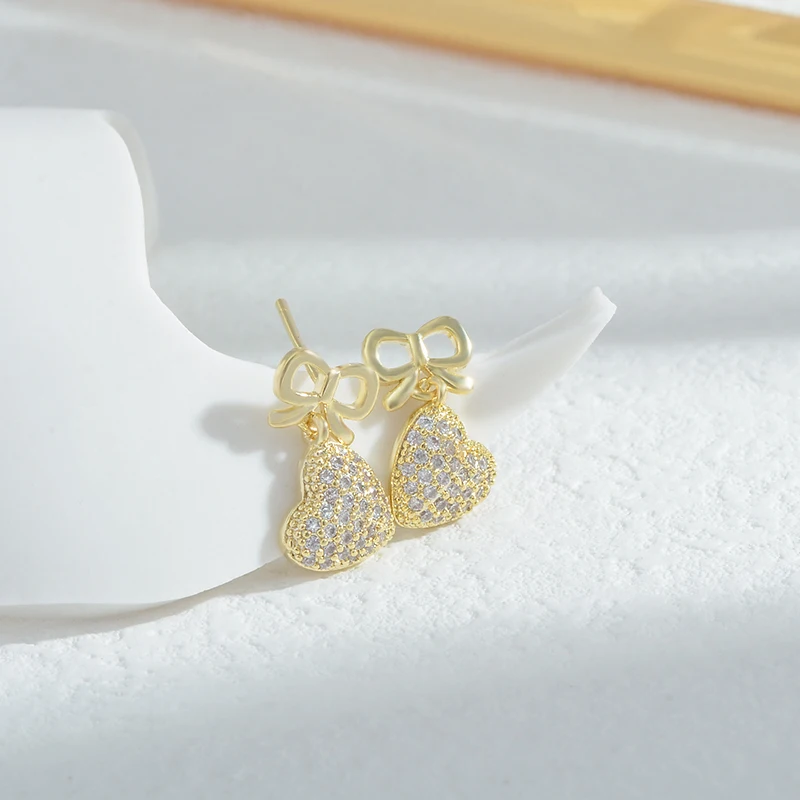 ED80295 Korean fashion gold plated women jewelry diamond heart drop bowknot stud earrings