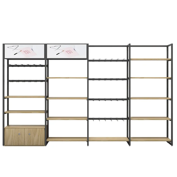 Mall steel and wood shelves design convenience store snacks cosmetics display shelves supermarket shelves