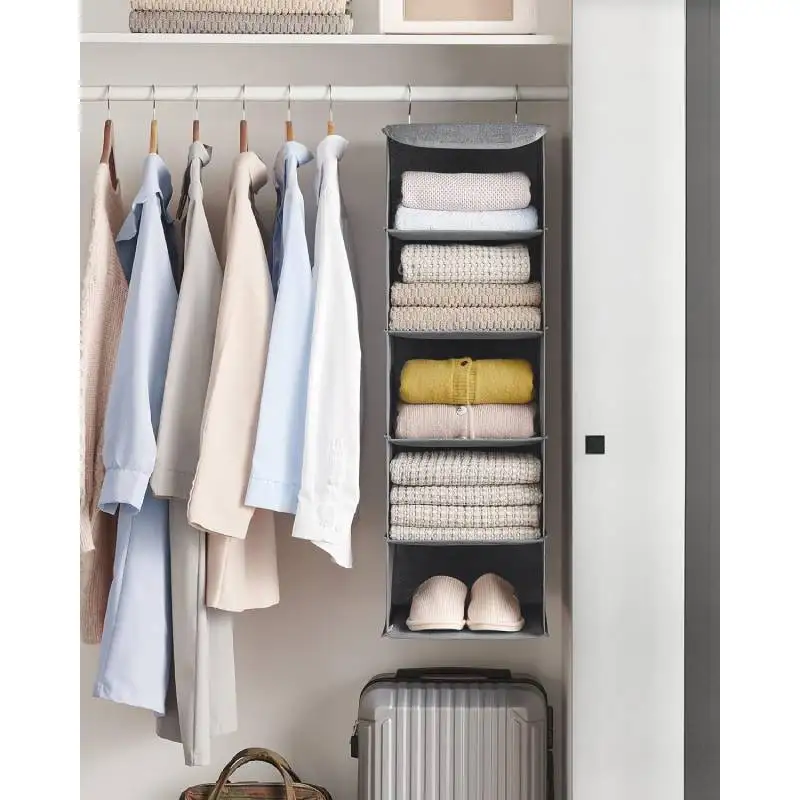 Hanging Organiser Hanging Shelf Hanging Storage Foldable and Space Saving Metal Hooks and Bamboo Inserts Linen Like Texture