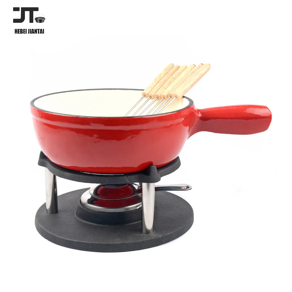 11-Piece Enameled Cast Iron Fondue Set Cheese or Chocolate Fondue Pot with Fondue Pot, Burner and Base Forks 1.1 Quart Capacity