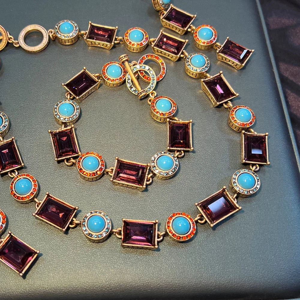 French Style Bracelet Vintage Gold Plated Necklace Boho Turquoise Jewelry Set Antique