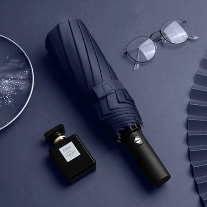 12 Bones Fully-Automatic Windproof Business Rain Umbrella Plastic Handle Fiber Frame for Parties Customizable Logo Printing