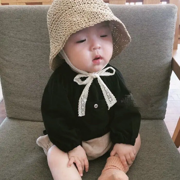 Handmade Summer Baby Straw Hat Girls Lace Windproof Cord Beach Sun Hat Kids Wide Brim Cute Floppy Bucket Hat