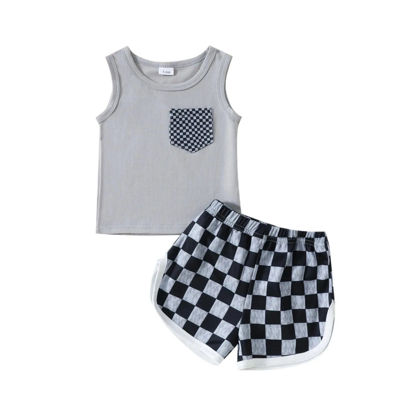 Summer Infants toddler Letter Print Sleeveless Top Checkboard Shorts Two-piece Set Toddler Baby Boys Casual Costume