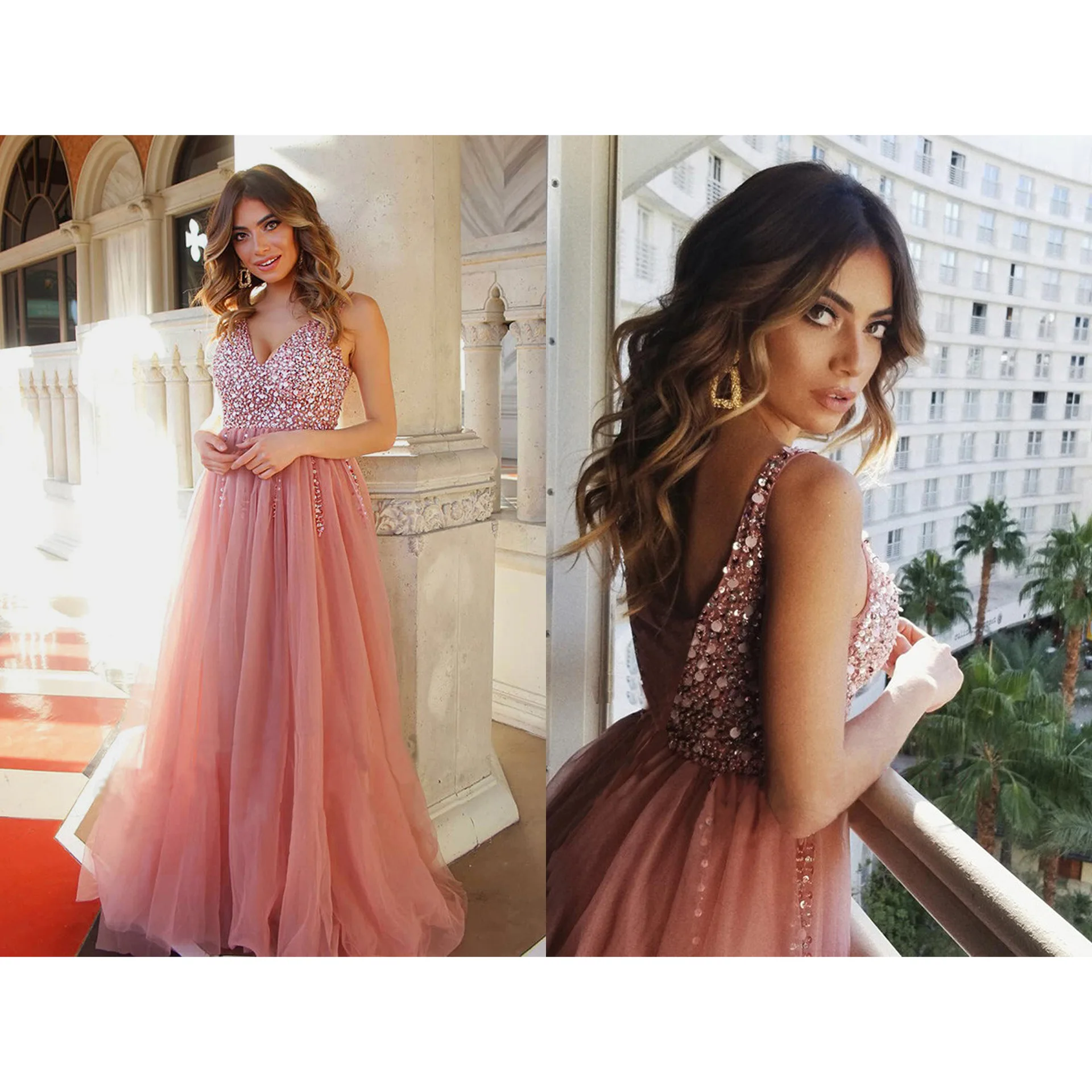 or60303b Europe and America style pink embroidered sequins deep V-neck women dresses sexy ladies full dress