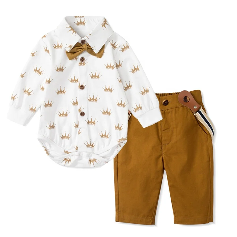 Custom OEM ODM Spring 2023 Baby Clothing Sets Print Shirt Baby Rompers Infant Baby Boy Outfit Clothes Suspenders Suit Hat Bow