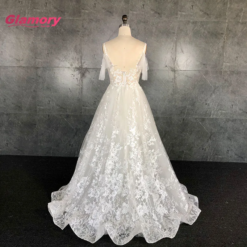 Customized 3D lace wedding dress V Neck Off Shoulder A-line Beach Wedding Gown Dress Bridal