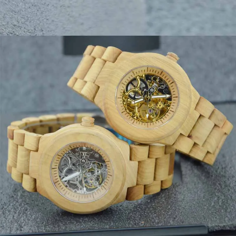 Chinese custom logo skeleton mechanical automatic wood watch with a wood box for watch
