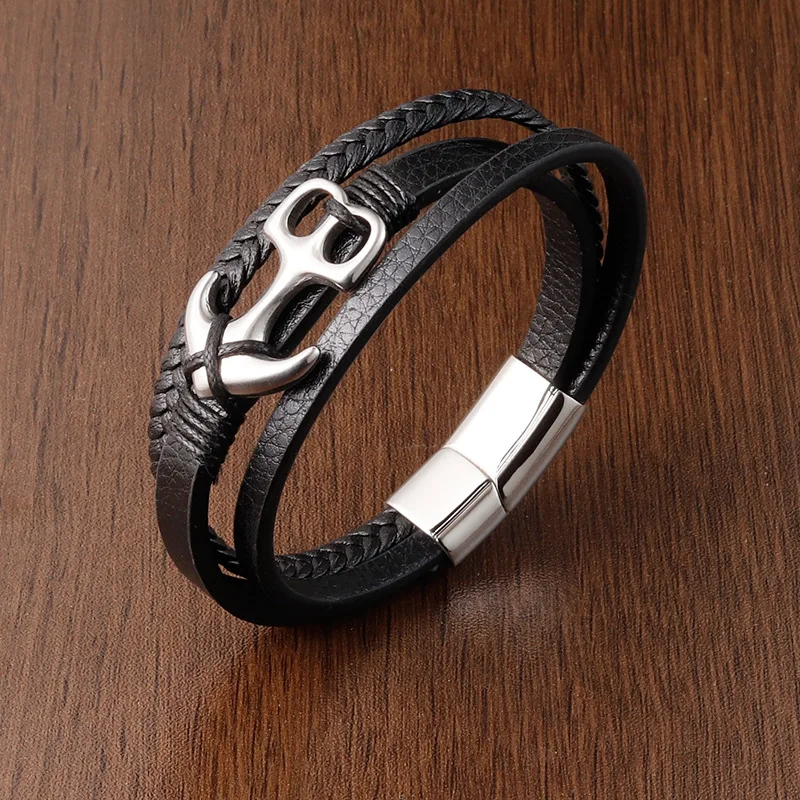 Best Selling Punk Jewelry Bracelet Stainless Steel Anchor Magnetic Clasp Handmade Real Genuine Leather Bracelet Men
